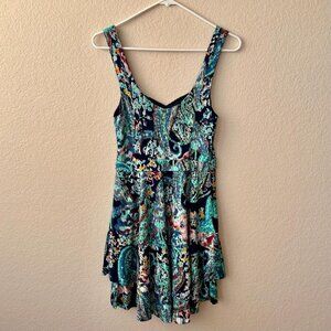 Free People Paisley Boho Mini Dress Blue Green Tiered Festival Dress S